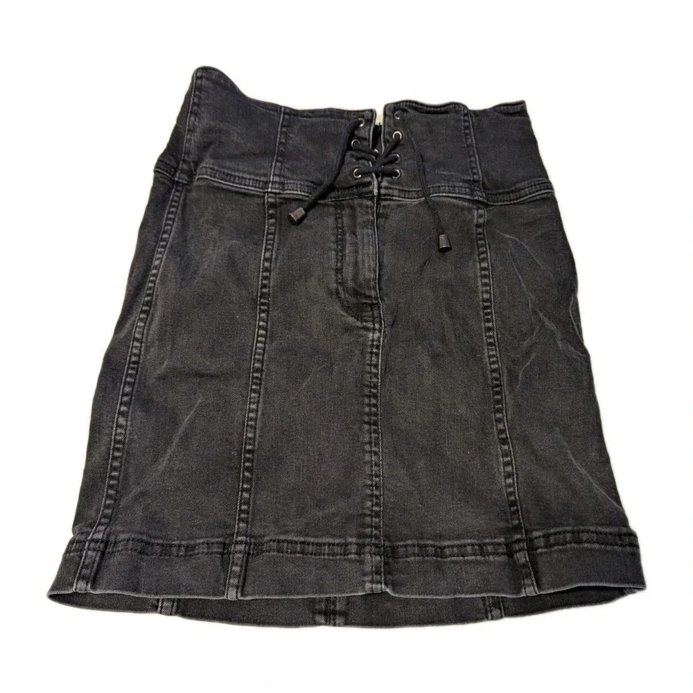 Free People Women's‎ Modern Femme Corset Lace Up Black Denim Mini Skirt Size 0